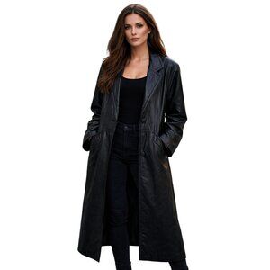 Charles Klein Women Leather Long Trench Coat Size 1X Black Button Front Collared